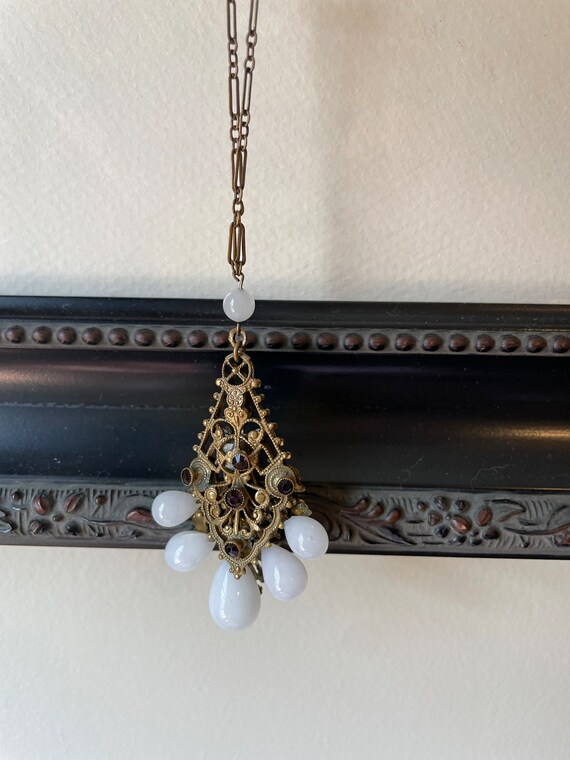 Antique Milk Glass Necklace with Floral design - image 3