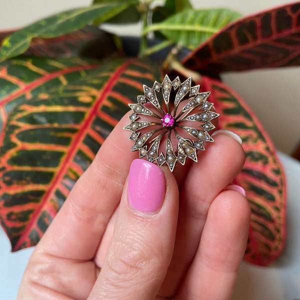 Finales de 1800 Seed Pearl y collar colgante "Ruby" con cadena de oro de 14k