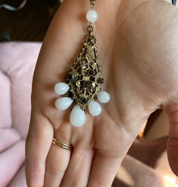 Antique Milk Glass Necklace with Floral design - image 4