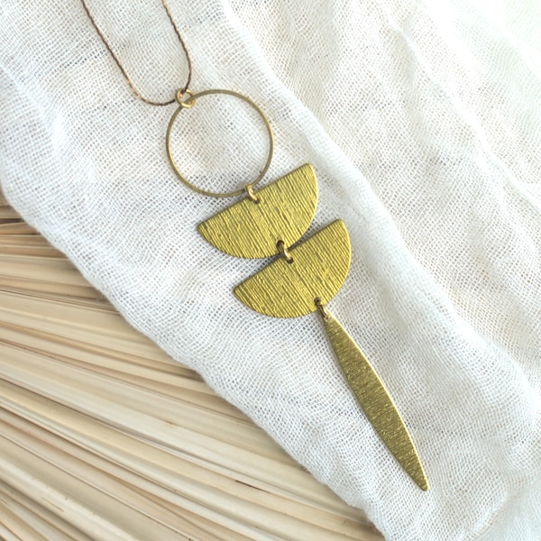 Raw Brass Moon Phase Pendant Necklace // Gold Toned Semi Circle Half Moon Pendant // Brass Snake Chain Long Necklace // Geometric Necklace