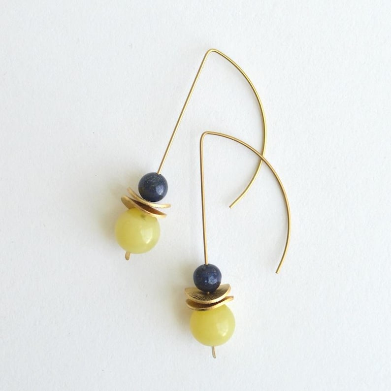 Gemstone Bauble Drop Earrings, Delicate Modern Raw Brass Wire Earrings, Red & Dalmatian Jasper, Lapis Lazuli, Aventurine, Colorful earrings Olive Jade Yellow