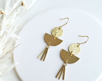 Textured Brass Half Circle Coin Tassel Earrings // Gold Toned Semi Circle Earrings // Modern Half Moon Dangle Earrings // Half Circle