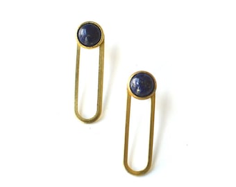 Modern Brass Jacket Earrings // Gemstone Post Earrings // Oval Oblong Minimalist earrings // Lapis Lazuli Aventurine Rose Quartz Howlite
