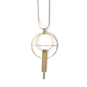 Long Brass Gold Toned Art Deco Pendant Necklace, 22-24 inch adjustable Snake Chain Modern Necklace, Raw Brass Geometric Pendant