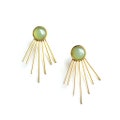 Green Aventurine Brass Gemstone Post Earrings, Sun Ray Jacket Earrings, Gold Toned Sunburst Charm, Modern Celestial Statement Earrings