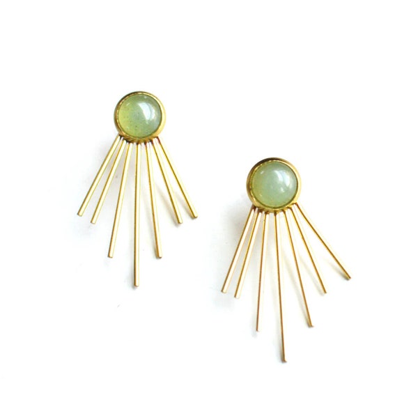 Green Aventurine Brass Gemstone Post Earrings, Sun Ray Jacket Earrings, Gold Toned Sunburst Charm, Modern Celestial Statement Earrings