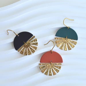 Sun Ray & Moon Earrings, Powder Coated Colored semi-circle, Raw Brass Circle Dangle Earrings, Teal, Black, Terra Cotta, Gold, Modern Jewelry