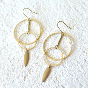 Raw Brass Geometric Hoop Dangle Earrings, Gold Toned Cascading Hoop Charm Earrings, Minimalist Modern Womens Earrings