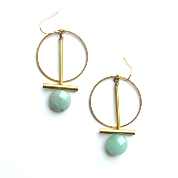 Modern  raw brass Hoop and Gemstone Earring // Geometric earrings // Green Aventurine, Red Jasper, Lapis Lazuli // Dangle Earrings