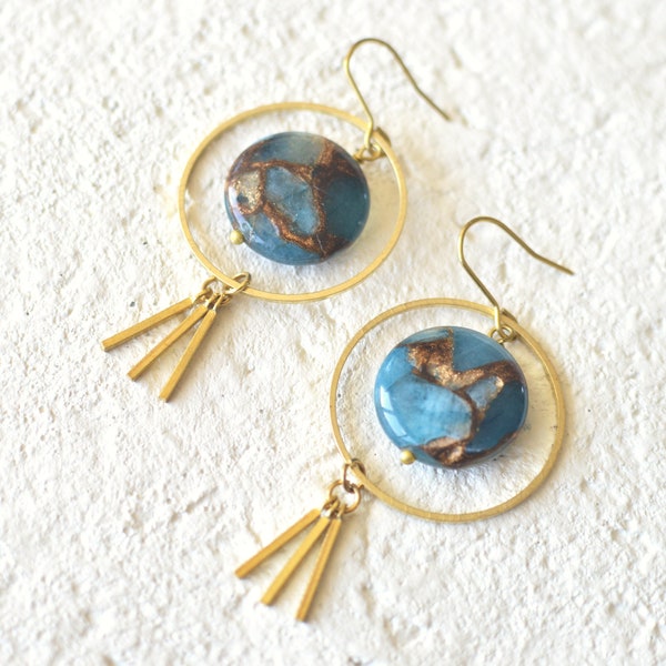 Golden Aqua Quartz Dangle Hoop Earrings, Raw Brass Gold Toned Dangle Earrings, Blue & Copper Veined Gemstone, Tassel sunburst earring