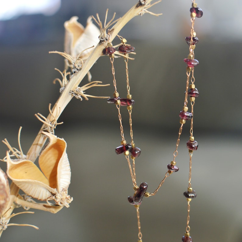 May include: A gold chain necklace with small, dark red gemstone beads. The necklace is hanging on a dried plant stem.