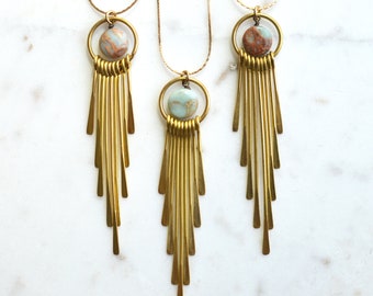 Blue Jasper Fringe Pendant Statement Necklace // Brass Snake Chain Necklace // Gold Toned Statement Necklace // Sun Burst Celestial Pendant