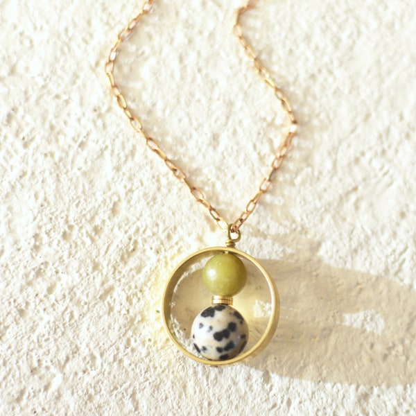 Modern nested bead pendant // Jasper and Jade gemstone pendant // Dalmatian jasper // Olive Jade// Raw Brass golden necklace // Black  White