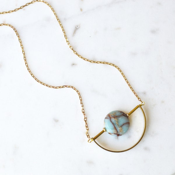 Blue Jasper Pendant Necklace, Raw Brass Gold Toned, Semicircle Pendant, Gemstone Necklace, Half Circle Crescent Pendant, Unique Gemstone