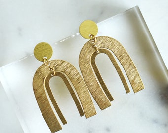 Contemporary Double Arch Earrings // Brass Gold Toned Tuning Fork Earrings // Double Rainbow Post Earrings // Statement Dangle Earrings