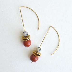 Gemstone Bauble Drop Earrings, Delicate Modern Raw Brass Wire Earrings, Red & Dalmatian Jasper, Lapis Lazuli, Aventurine, Colorful earrings Red Jasper