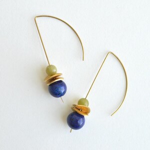 Gemstone Bauble Drop Earrings, Delicate Modern Raw Brass Wire Earrings, Red & Dalmatian Jasper, Lapis Lazuli, Aventurine, Colorful earrings Blue Lapis Lazuli