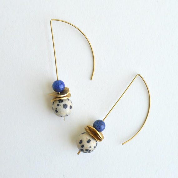 Gemstone Bauble Drop Earrings, Delicate Modern Raw Brass Wire Earrings, Red & Dalmatian Jasper, Lapis Lazuli, Aventurine, Colorful earrings