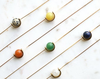 Gemstone Eclipse Necklace / Minimalist Modern Sphere ball // Jade, Aventurine, Jasper, Moonstone, Lapis Lazuli / Short Dainty Necklace