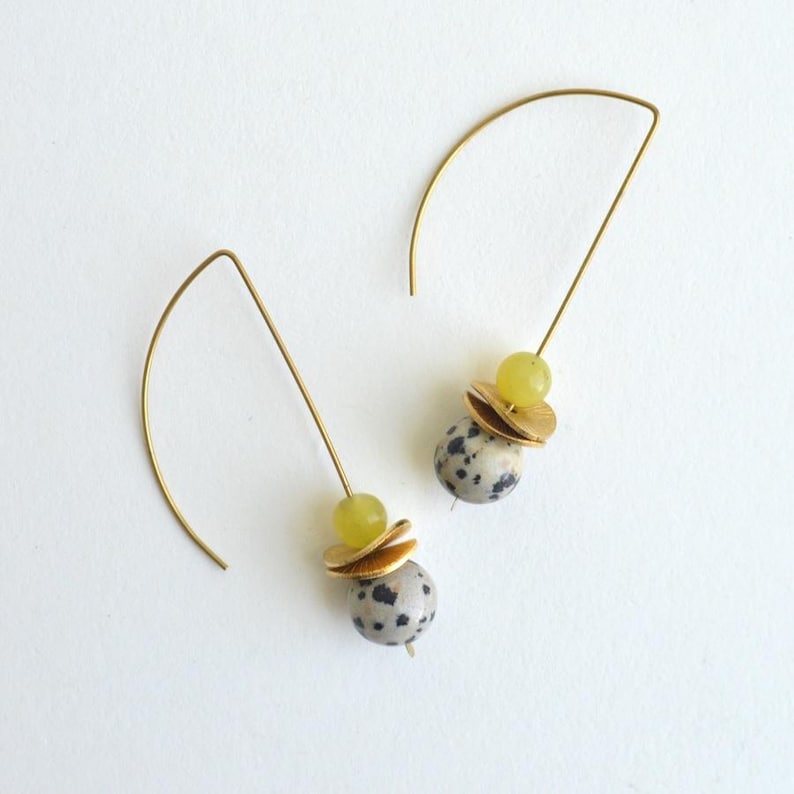 Gemstone Bauble Drop Earrings, Delicate Modern Raw Brass Wire Earrings, Red & Dalmatian Jasper, Lapis Lazuli, Aventurine, Colorful earrings B&W Jasper w/ Yellow