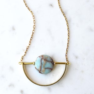 Blue Jasper Pendant Necklace, Raw Brass Gold Toned, Semicircle Pendant, Gemstone Necklace, Half Circle Crescent Pendant, Unique Gemstone