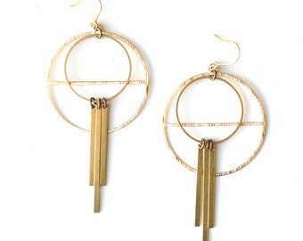 Raw Brass Hoop Art Deco Earrings, Long Dangle Hoops, Gold Toned Statement Piece, Modern Jewelry
