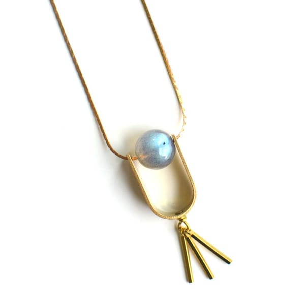 Modern Moonstone or Labradorite Brass Crescent Pendant, Raw Brass Gold Tone Contemporary Gemstone Pendant, t16-18 Inch Snake Chain Necklace