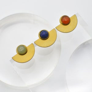 Modern Brass Semicircle Earrings // Matte Brass Gemstone Half Circle Earrings // Blue Lapis Lazuli Gemstone // Green Aventurine