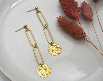 Raw Brass Oval Link Earrings Coin earrings // Gold Toned Long Dangle Everyday Earrings // Textured Coin Jewelry