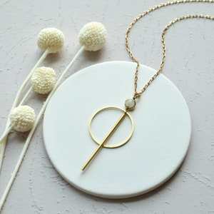 Raw Brass Moonstone Gemstone Pendant, Geometric Long Necklace, Gold toned Modern Jewelry