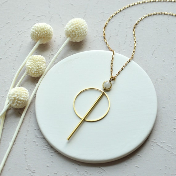 Brass Moonstone Strobe Pendant Necklace // Moonstone Hoop and Bar Necklace  // Modern Gemstone Brass Jewelry // Geometric Jewelry