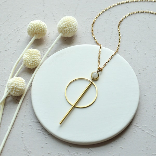 Raw Brass Moonstone Gemstone Pendant, Geometric Long Necklace, Gold toned Modern Jewelry