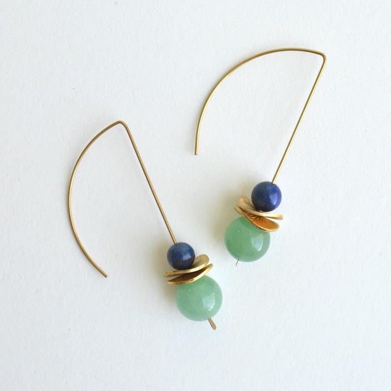 Gemstone Bauble Drop Earrings, Delicate Modern Raw Brass Wire Earrings, Red & Dalmatian Jasper, Lapis Lazuli, Aventurine, Colorful earrings Green Aventurine