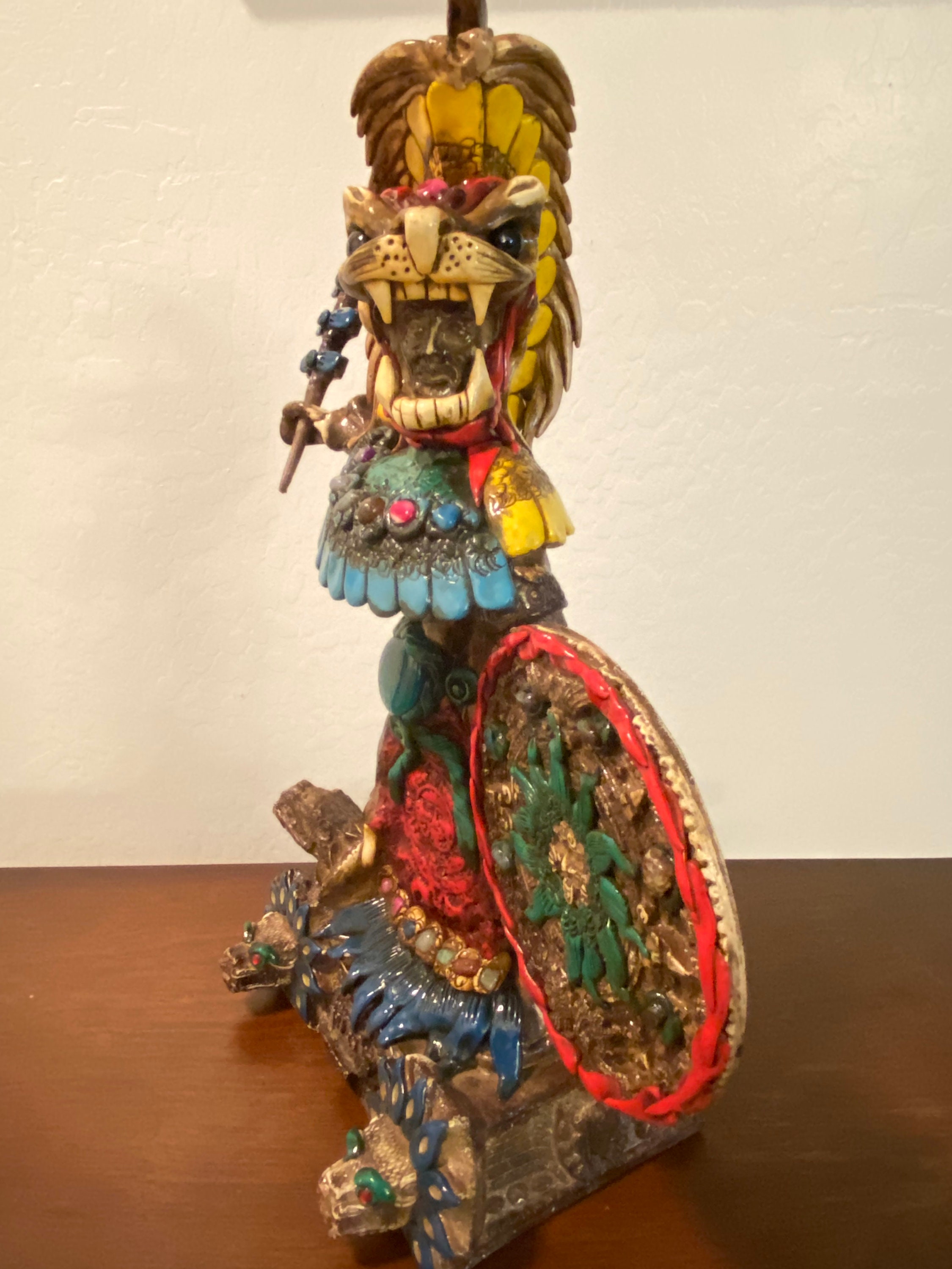 Jaguar Knight Aztec Warrior Obsidian, Silver & Nacre Sculpture