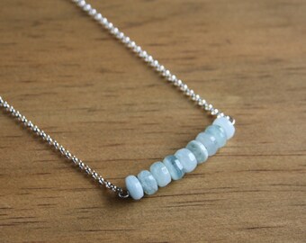 Aquamarine Sterling Necklace, Sparkly Faceted Natural Aquamarine Beads, Light Aqua, Pale Blue, Argentium Silver Chain, Gemstone Bar #22677