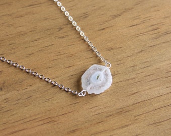 Solar Quartz Sterling Necklace, Small Stalactite Slice Stone Pendant, Sterling Silver Chain, White Clear Stone, Simple Necklace #22710