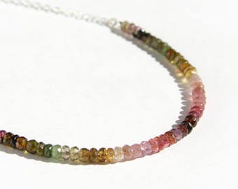 Tourmaline Layering Necklace Sterling Silver Multi Color Natural Gemstone Shaded Pink Green Faceted Bead Beaded Gemstone Necklace #16406