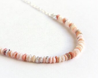 Pink Opal Beaded Layering Necklace Sterling Silver Natural Gemstone Soft Pink Pale Pink Cream Feminine Stone Bead Gemstone Necklace #17372