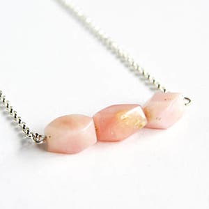 Pink Opal Necklace Sterling Silver Chain Geometric Faceted Rectangle Beads Stone Bar Necklace Simple Soft Pink Peruvian Pink Opal #17503