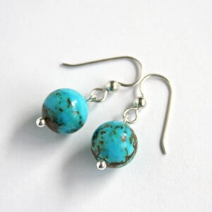Genuine Turquoise Earrings Sterling Silver 12mm Round Kingman Turquoise Simple Earrings Arizona Turquoise Earrings Aqua Blue Brown #17607