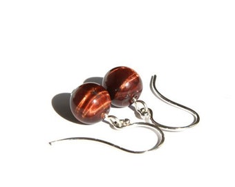 Red Tiger Eye Earrings Sterling Silver Reddish Brown Small Earrings Natural Stone Tigereye Earrings Minimal Earrings Simple Earrings #18674