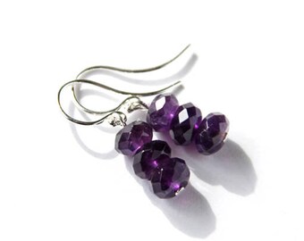 Amethyst Sterling Earrings Argentium Silver Earwires Faceted Rondelle Dark Purple Natural Stone Violet Earrings Amethyst Earrings #18660