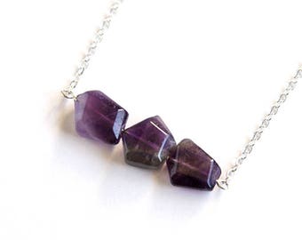 Amethyst Sterling Necklace Natural Stone February Birthstone Sterling Chain Geometric Amethyst Quartz Minimal Purple Necklace Violet #18654