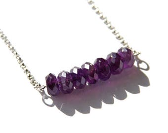 Amethyst Sterling Necklace Faceted Natural Gemstone Beads Stone Bar Necklace Sterling Silver Chain Elegant Minimal Jewelry Purple #18662