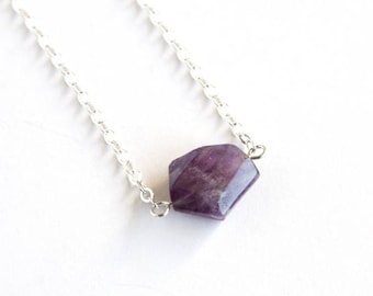 Amethyst Sterling Necklace One Natural Stone February Birthstone Jewelry Sterling Chain Geometric Amethyst Purple Necklace Violet #18653