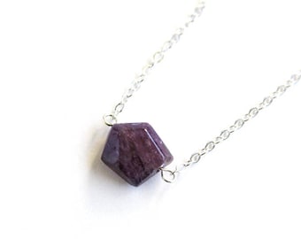 Amethyst Sterling Necklace One Natural Stone February Birthstone Jewelry Sterling Chain Geometric Amethyst Purple Necklace Violet #18656