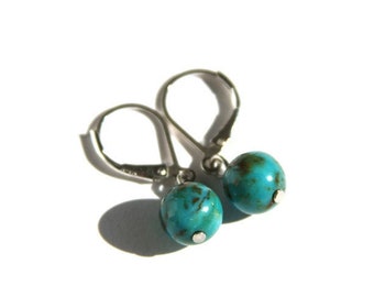 Turquoise Sterling Earring, Genuine Kingman Arizona Southwest Natural Stone on Silver Leverbacks
