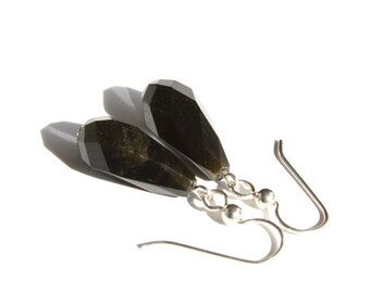 Golden Sheen Obsidian Earrings Sterling Silver Faceted Teardrop Black Natural Obsidian Jewelry Volcanic Stone Black Earrings Simple #18673