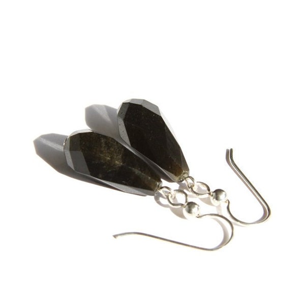 Golden Sheen Obsidian Earrings Sterling Silver Faceted Teardrop Black Natural Obsidian Jewelry Volcanic Stone Black Earrings Simple #18673