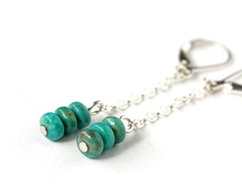 Turquoise Sterling Earrings, Genuine Kingman Arizona Southwest Turquoise With Chain Dangle on Leverbacks